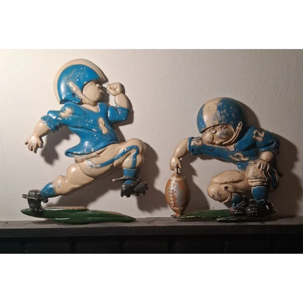 Vintage 1976 HCM Cast Aluminum Football Player Wall Plaques Pair USA
